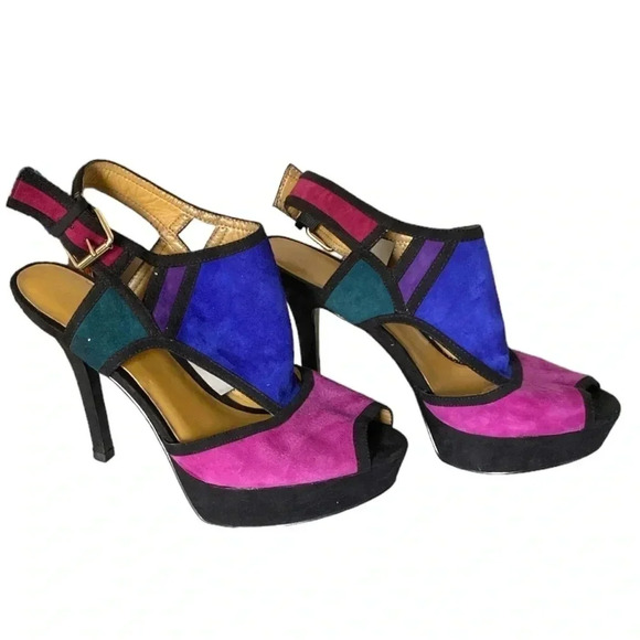 NINE WEST | WOMEN'S FOUNDER PEPTOE PLATFORM PUMP MULTICOLOR SUEDE SIZE 8M (NWOB) - Picture 7 of 8